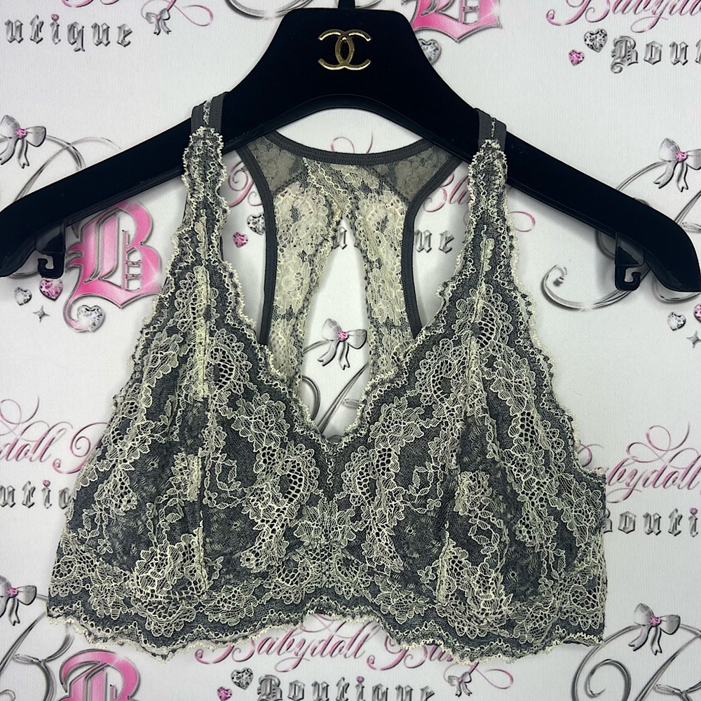 Felina lace bra grey cream floral bralette stretchy boho hippie sexy cute
